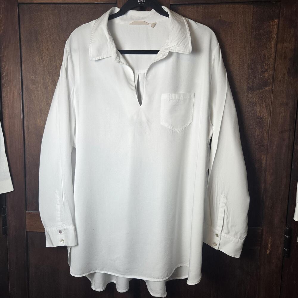 Soft Surroundings Shirt Womens 3X White Tencel Tunic Long Sleeve Pocket Top